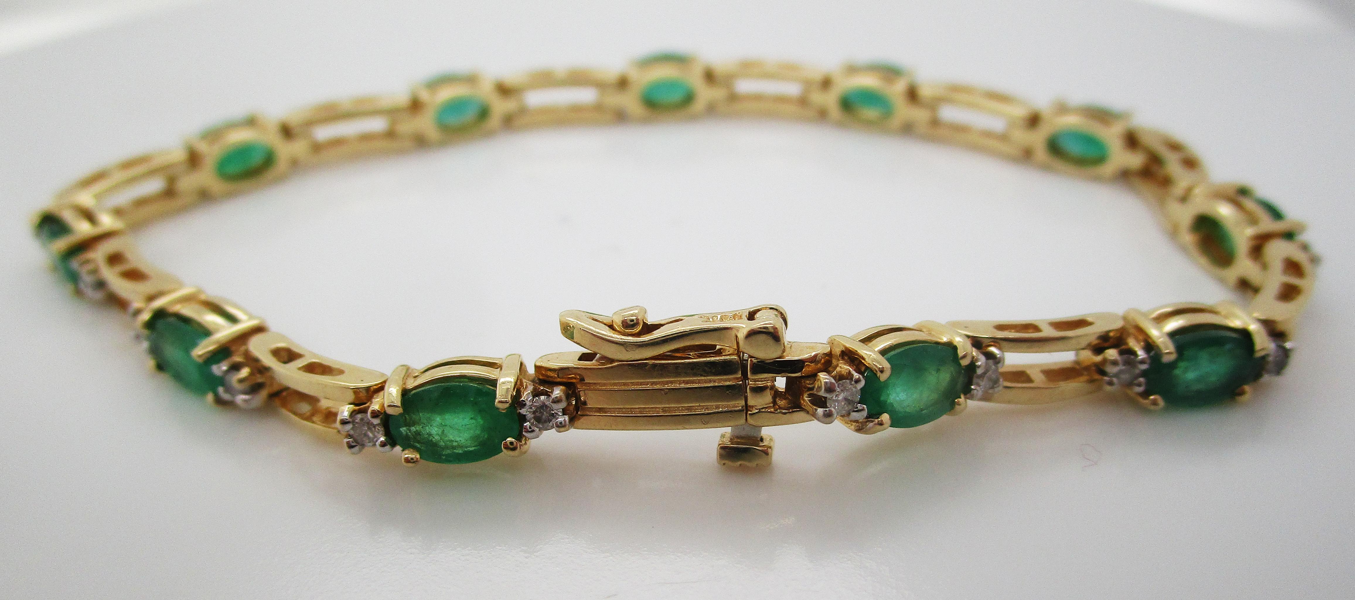 Women's 14 Karat Yellow Gold Emerald and Diamond Link Straight Line Bracelet