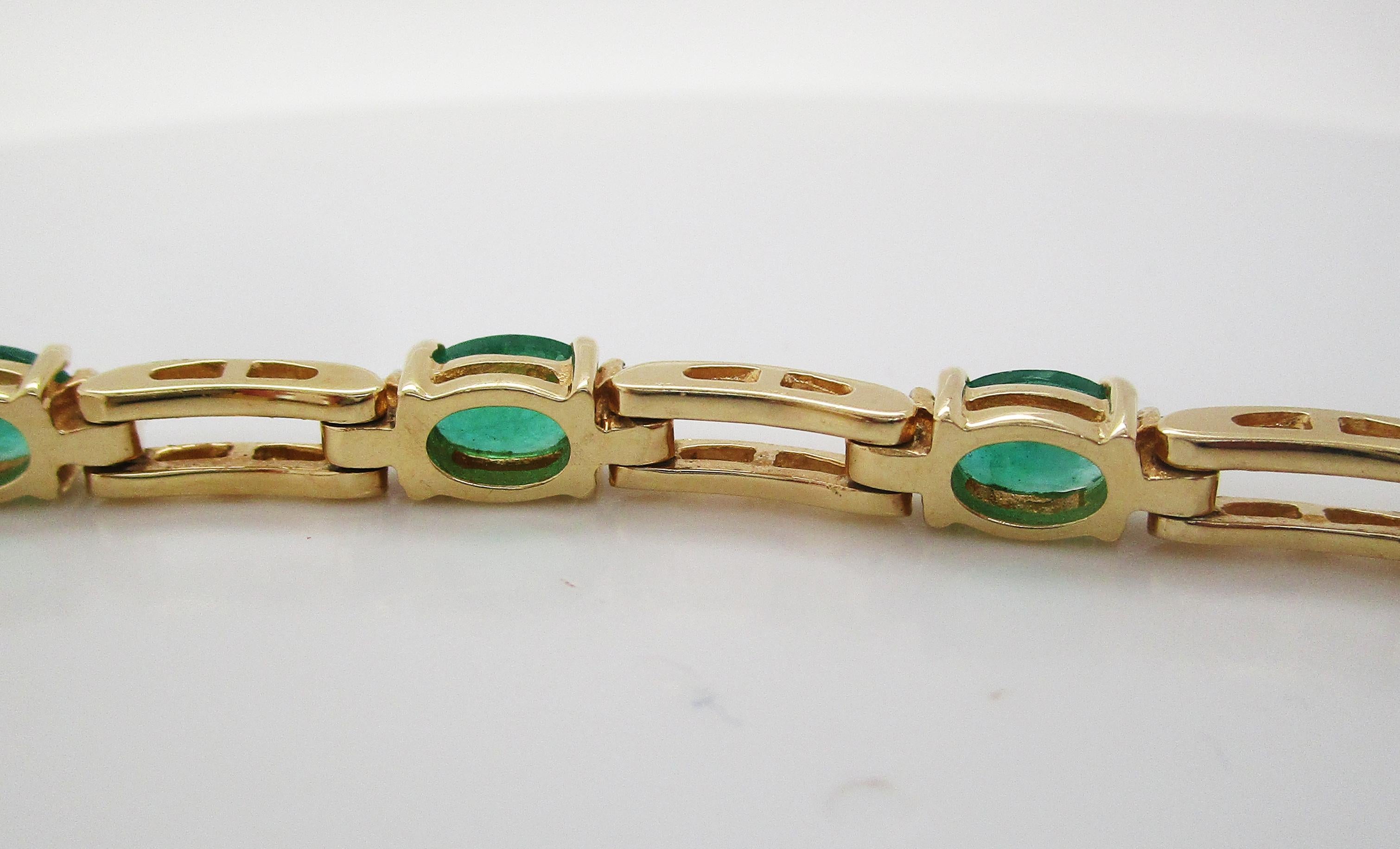 14 Karat Yellow Gold Emerald and Diamond Link Straight Line Bracelet 2