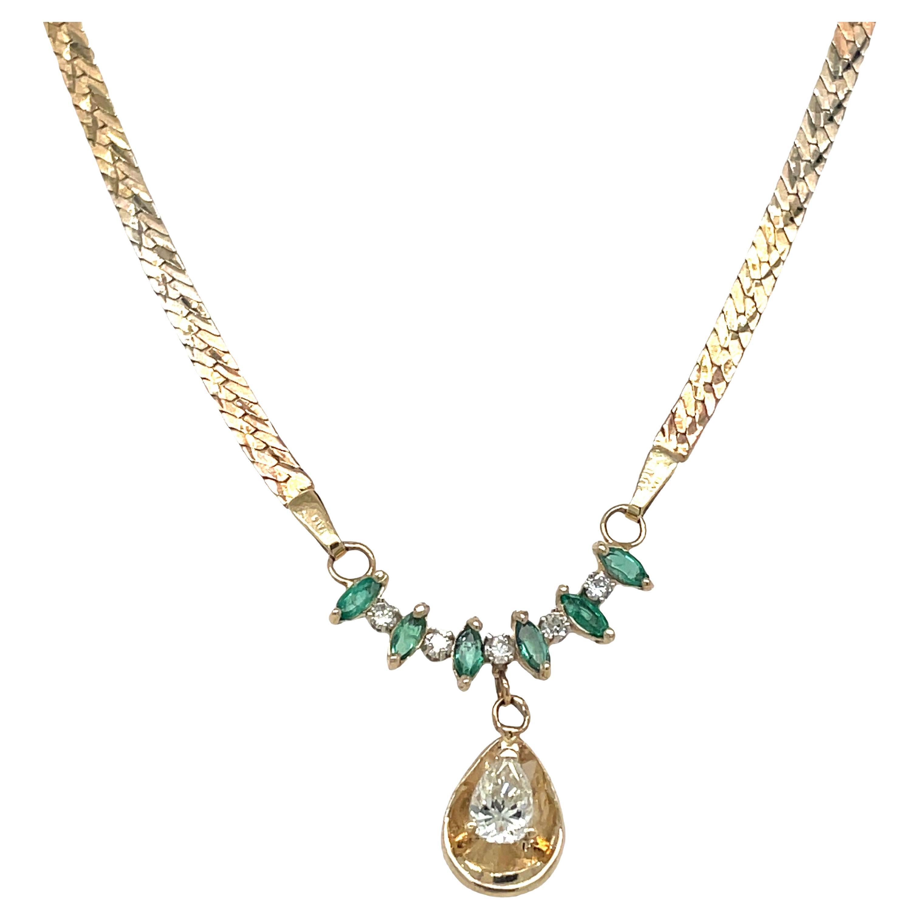 Pear Shaped Emerald and Diamond Dangling Necklace 14K Yellow Gold