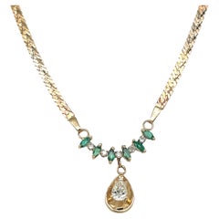 Pear Shaped Emerald and Diamond Dangling Necklace 14K Yellow Gold