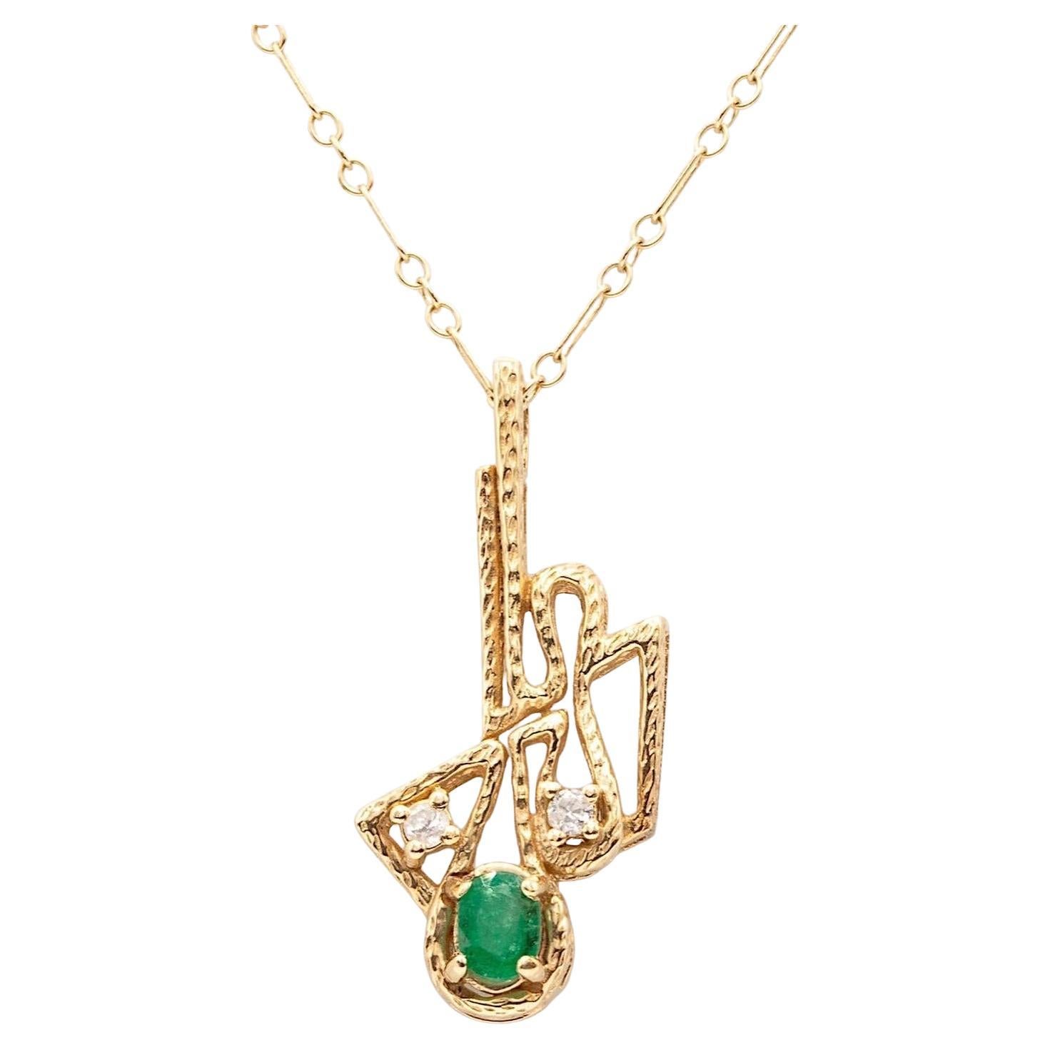 14k Yellow Gold Emerald and Diamond Pendant Necklace