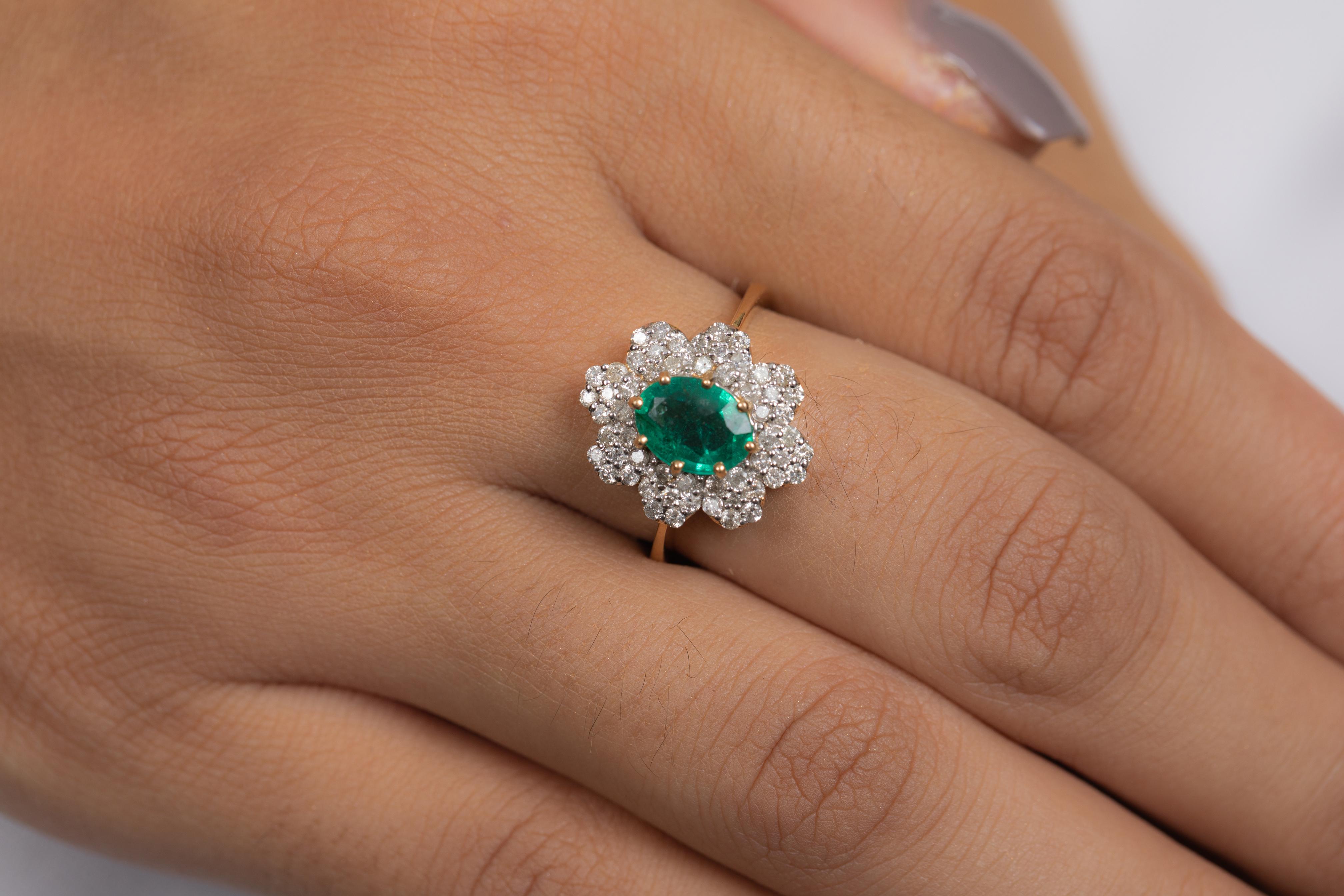 For Sale:  Exquisite 14K Solid Yellow Gold Emerald Ring with Clustered Diamonds 2