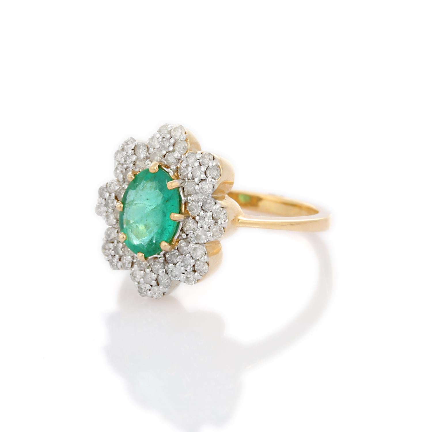 For Sale:  Exquisite 14K Solid Yellow Gold Emerald Ring with Clustered Diamonds 3
