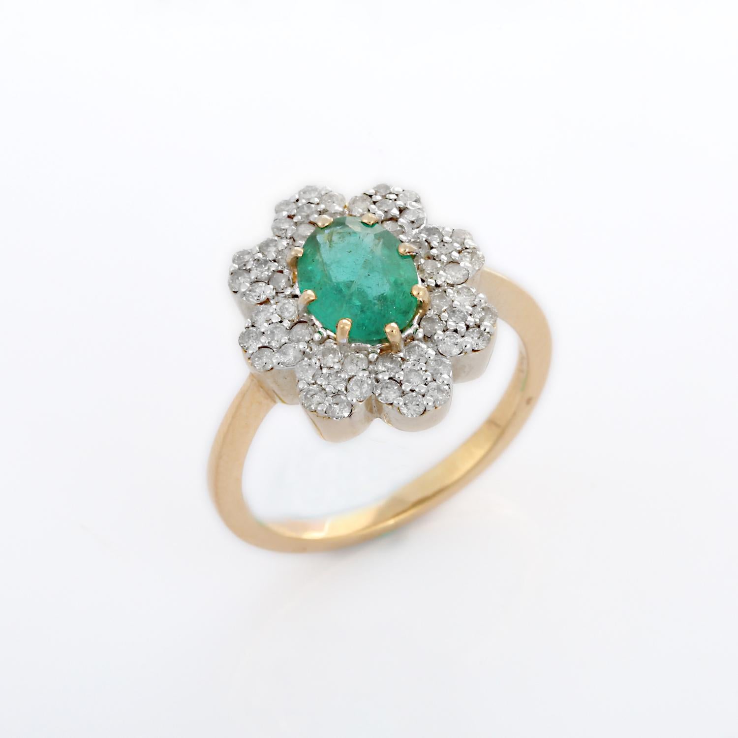 For Sale:  Exquisite 14K Solid Yellow Gold Emerald Ring with Clustered Diamonds 7