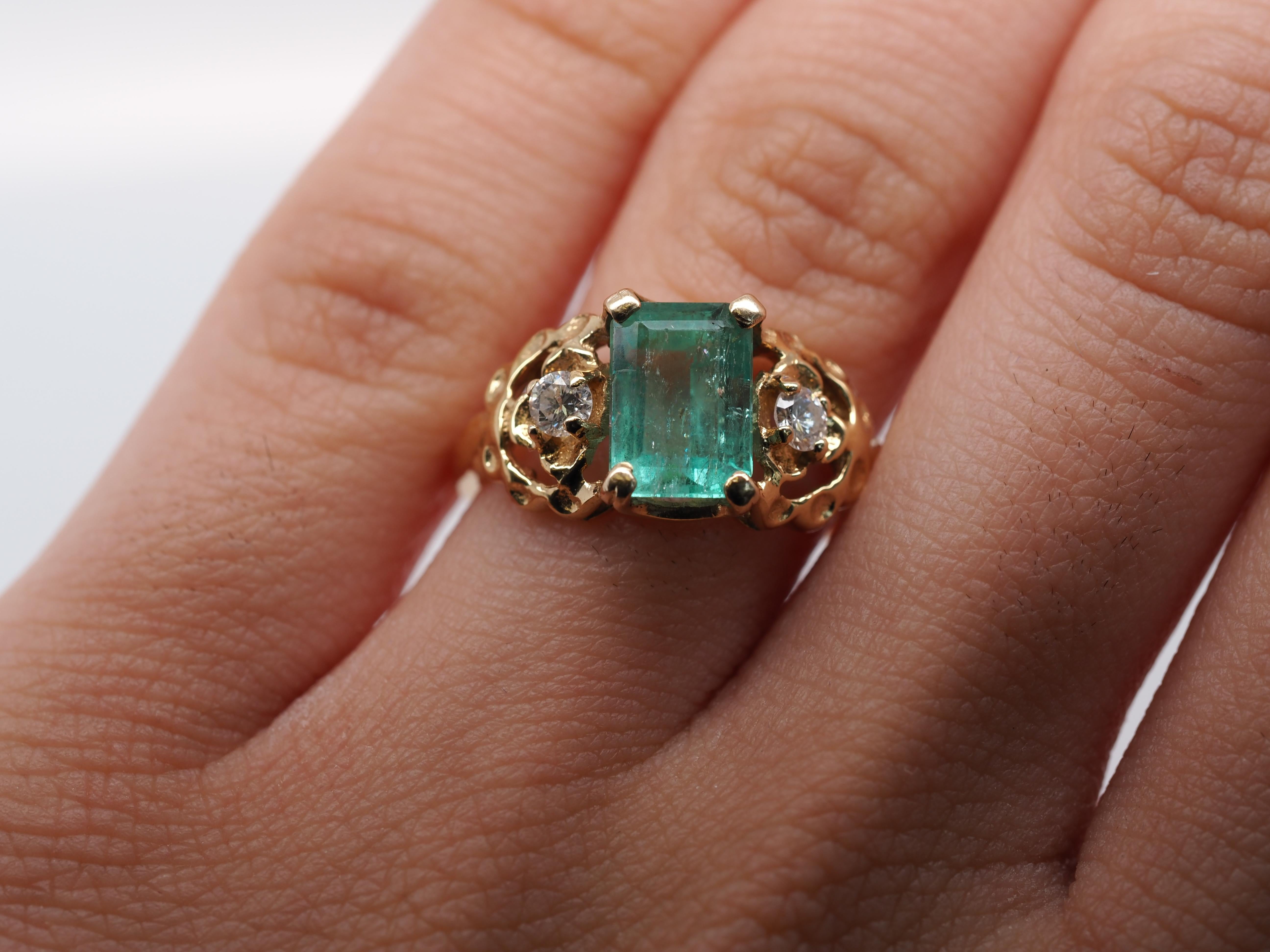 14k Yellow Gold Emerald and Diamond Ring For Sale 2