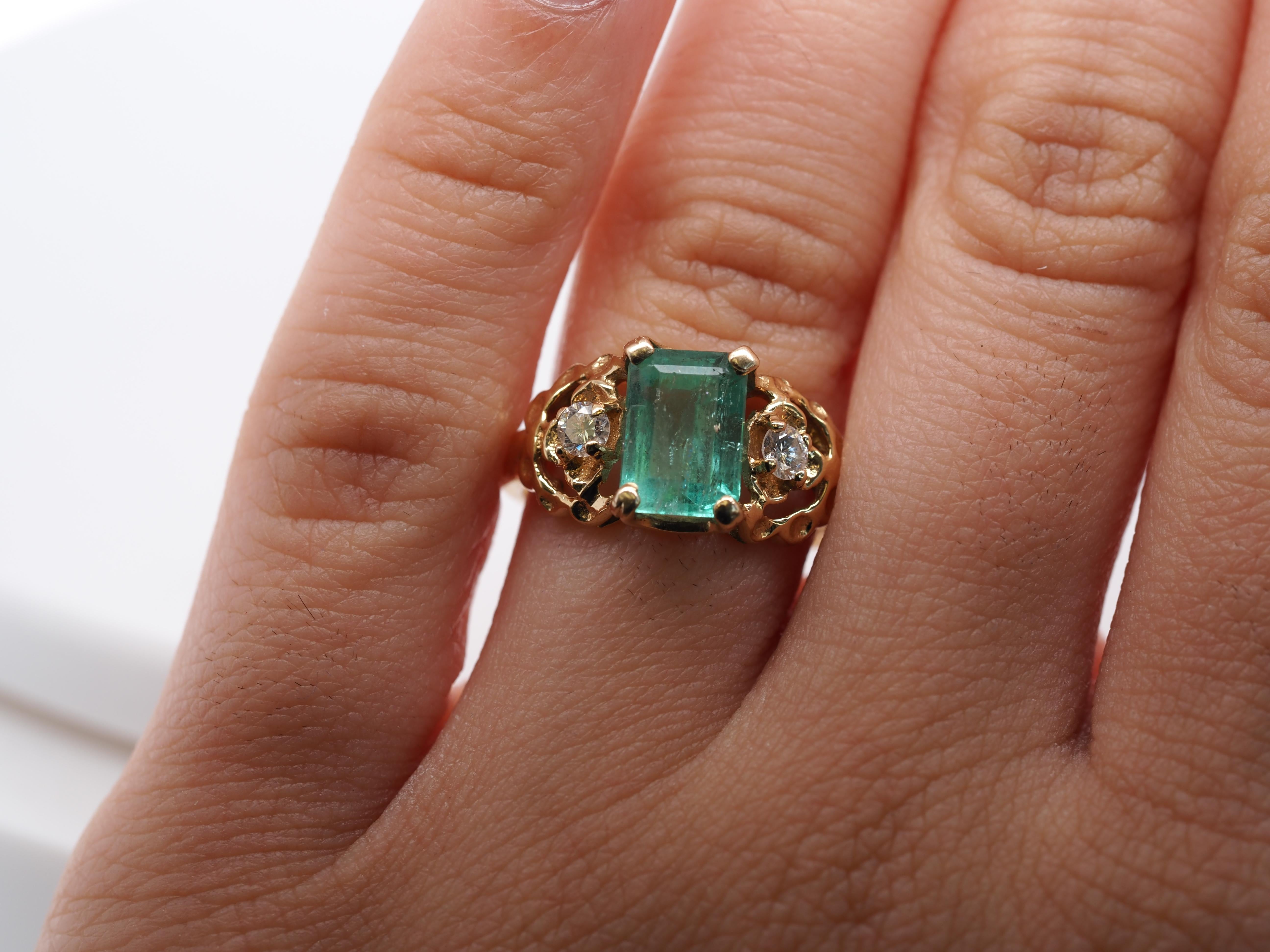 14k Yellow Gold Emerald and Diamond Ring For Sale 3