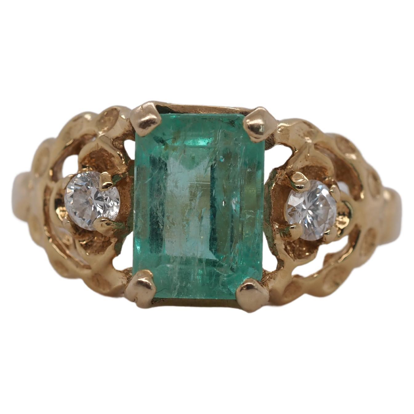 14k Yellow Gold Emerald and Diamond Ring For Sale