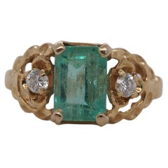 Retro 14k Yellow Gold Emerald and Diamond Ring