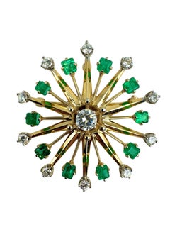 14K Yellow Gold Emerald and Diamond Starburst Brooch Pendant