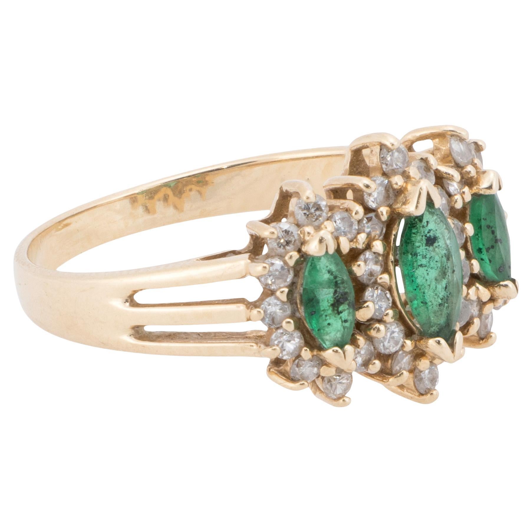 14K Yellow Gold Emerald and Diamond Statement Cocktail Vintage Ring