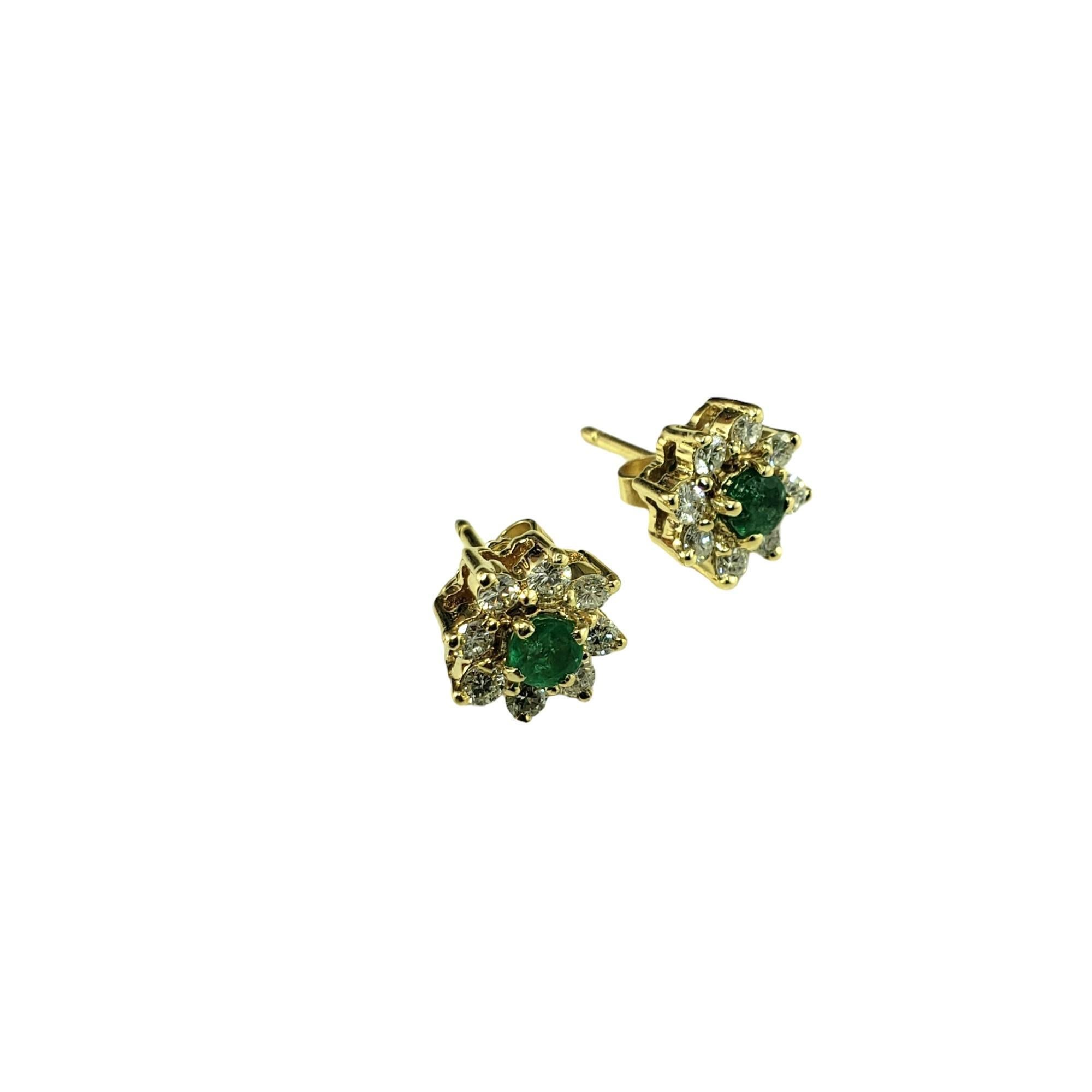 Round Cut 14K Yellow Gold Emerald and Diamond Stud Earrings #16672 For Sale