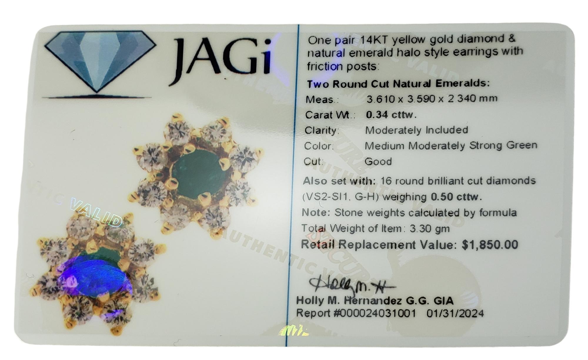 14K Gelbgold Smaragd- und Diamant-Ohrstecker #16672 im Angebot 4