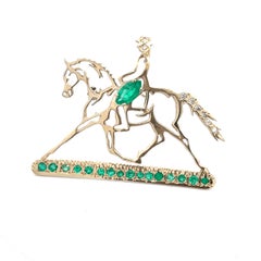 14K Yellow Gold Emerald and Diamond Studded Horse Rider Brooch