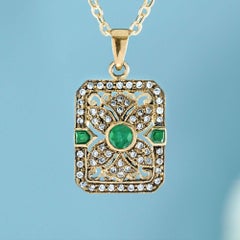 Pendentif filigrane en or jaune 14K avec émeraudes et diamants de style vintage