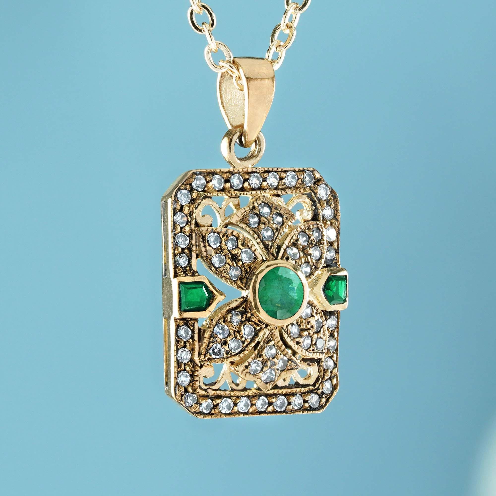 Colgante Filigrana Estilo Vintage Esmeralda y Diamante Oro Amarillo 14K Eduardiano en venta