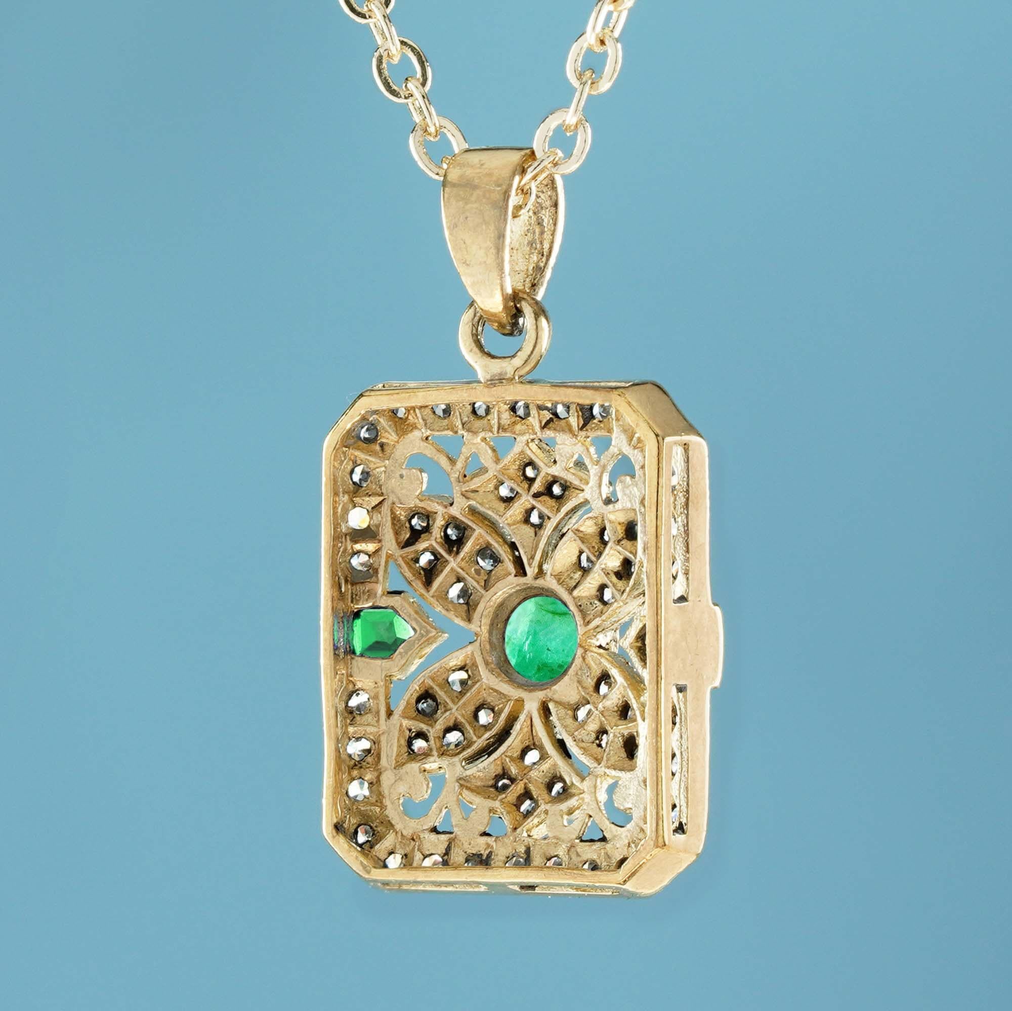 Colgante Filigrana Estilo Vintage Esmeralda y Diamante Oro Amarillo 14K Corte redondo en venta