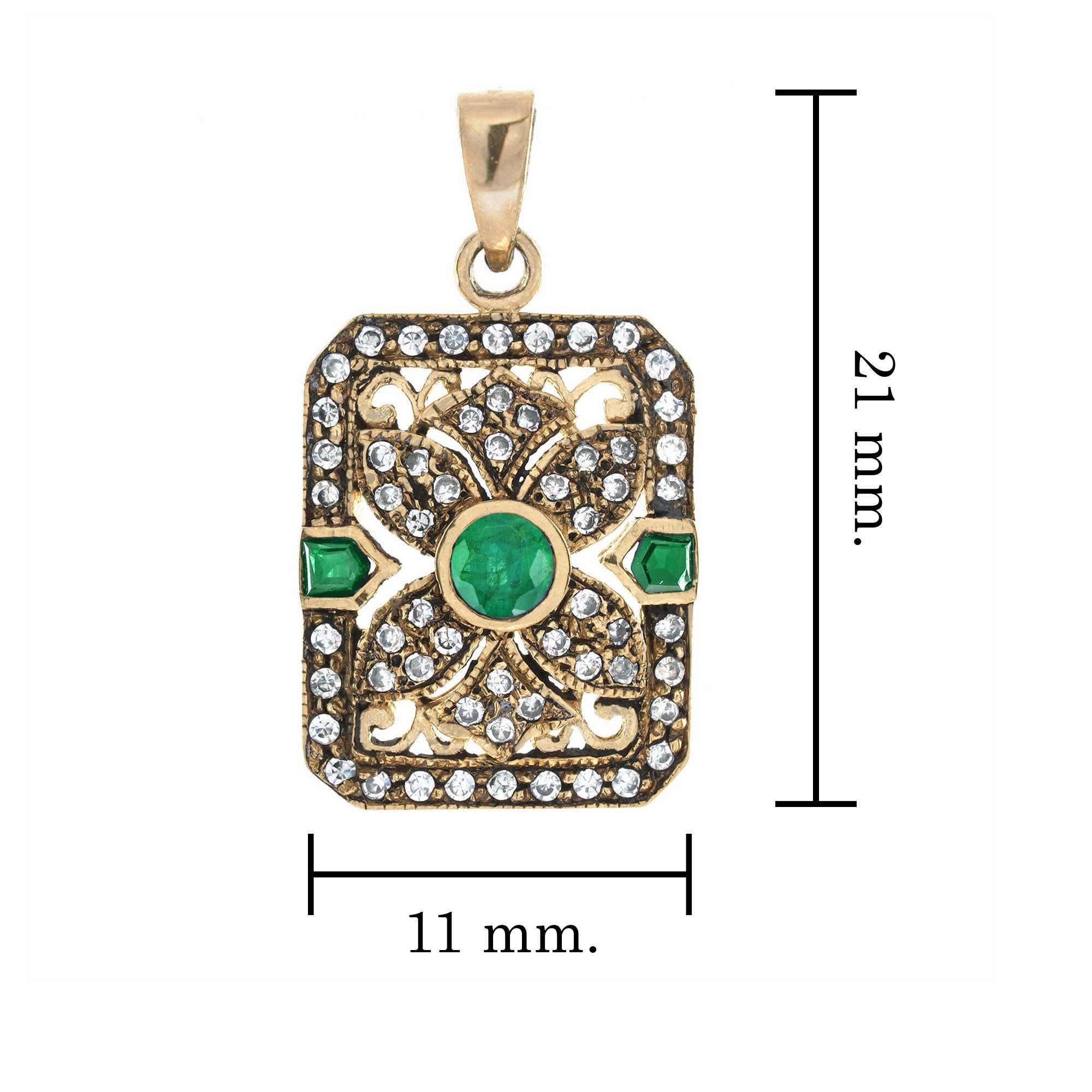 Colgante Filigrana Estilo Vintage Esmeralda y Diamante Oro Amarillo 14K en Nuevo estado para la venta en Bangkok, TH
