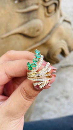 Modern Solid 14k Yellow Gold Diamond Emerald Wedding Party Ring, Emerald Ring