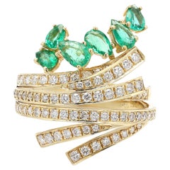 Modern Solid 14k Yellow Gold Diamond Emerald Wedding Party Ring, Emerald Ring