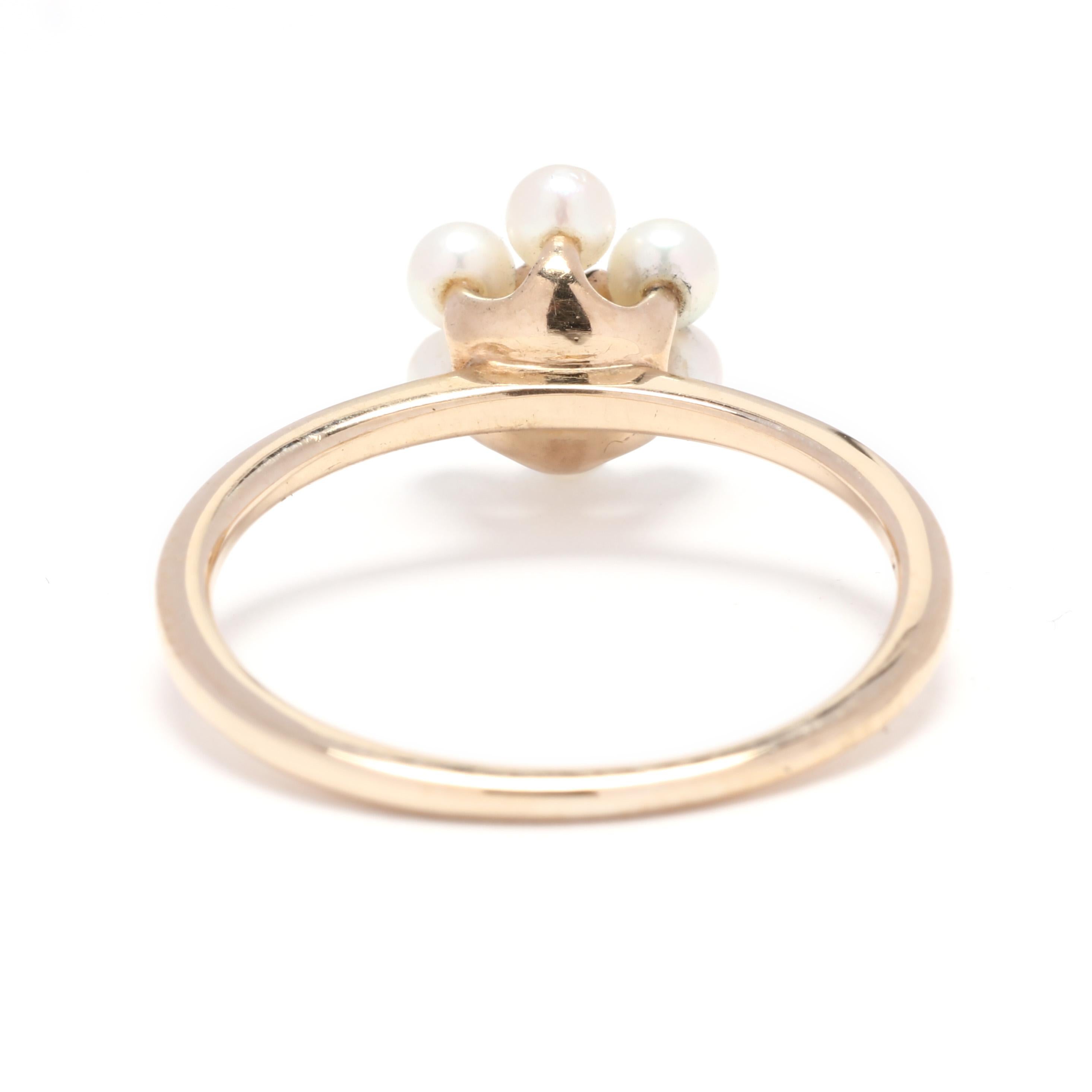 Round Cut 14 Karat Yellow Gold, Emerald and Pearl Flower Ring