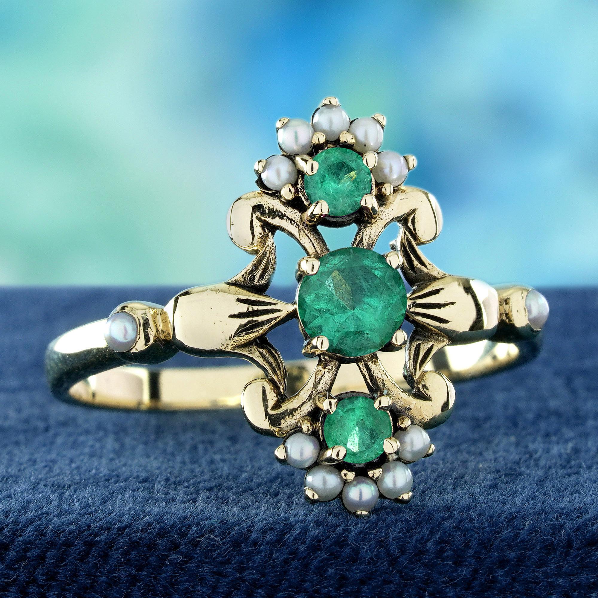 Edwardian 14K Yellow Gold Emerald and Pearl Vintage Style Floral Three Stone Ring For Sale