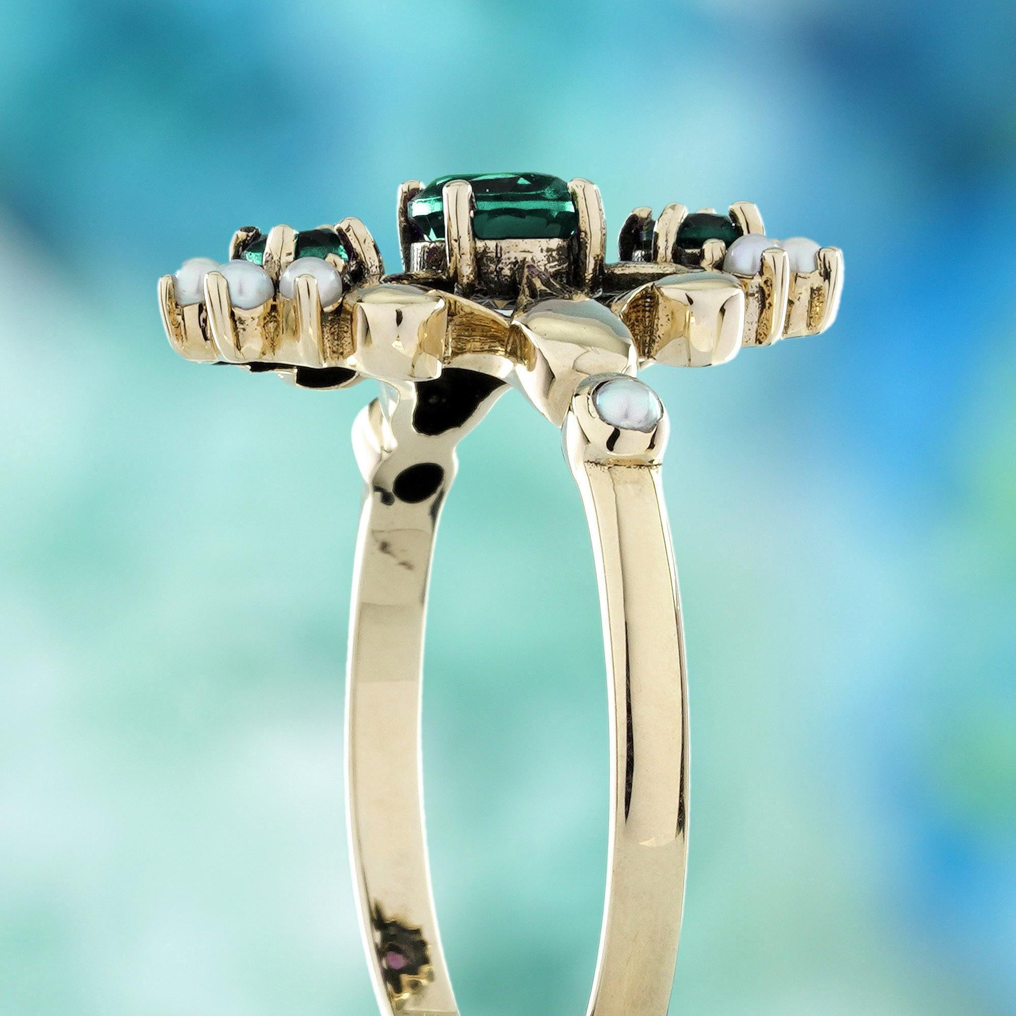 Women's 14K Yellow Gold Emerald and Pearl Vintage Style Floral Three Stone Ring For Sale