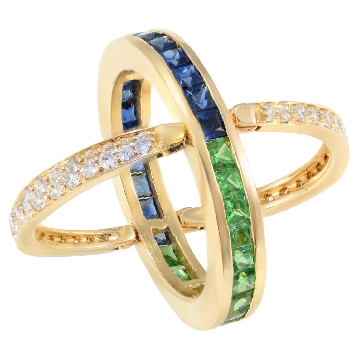 For Sale:  Unique 14k Yellow Gold Emerald and Sapphire Reversible Ring with Diamonds