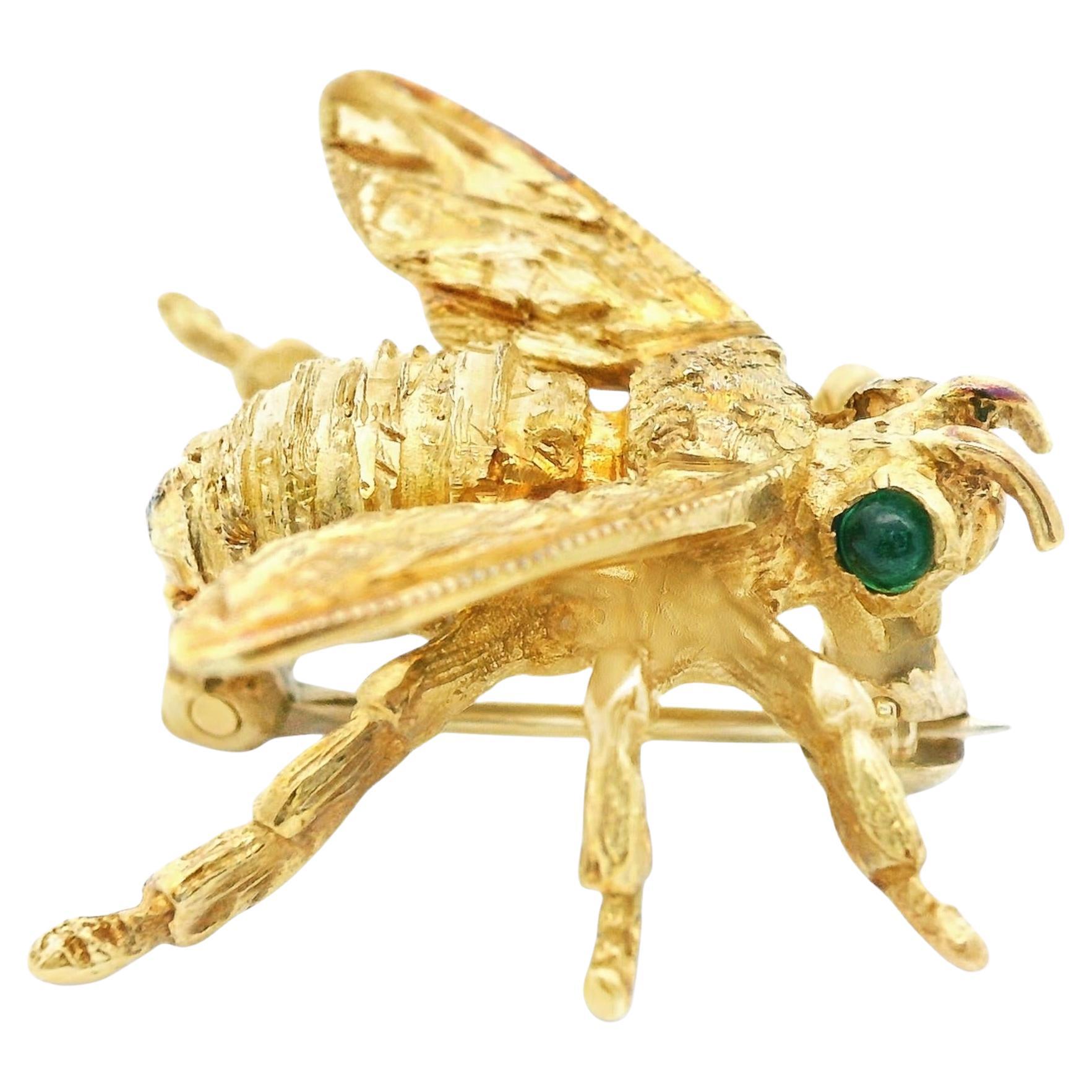 14k Yellow Gold & Emerald Bee Brooch
