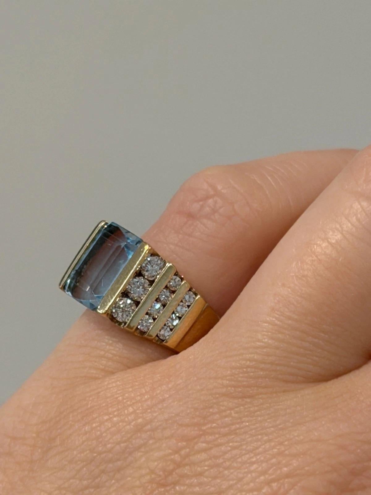 14K Gelbgold Smaragdschliff 7,75g Aquamarin Diamant Ring Größe 4,75 im Angebot 2