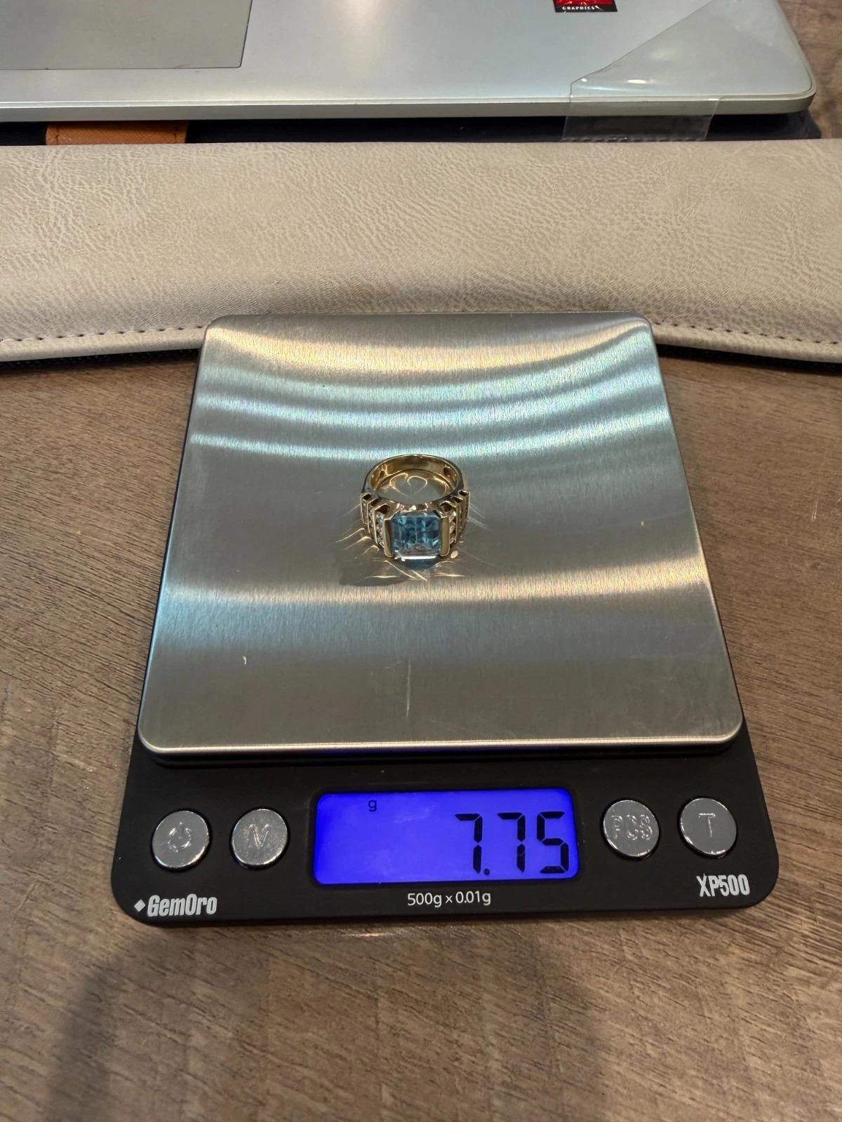 14K Gelbgold Smaragdschliff 7,75g Aquamarin Diamant Ring Größe 4,75 im Angebot 4