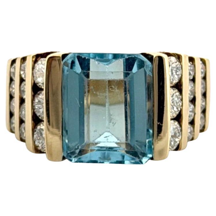 Bague en or jaune 14K taille émeraude 7.75g aigue-marine diamant Taille 4.75