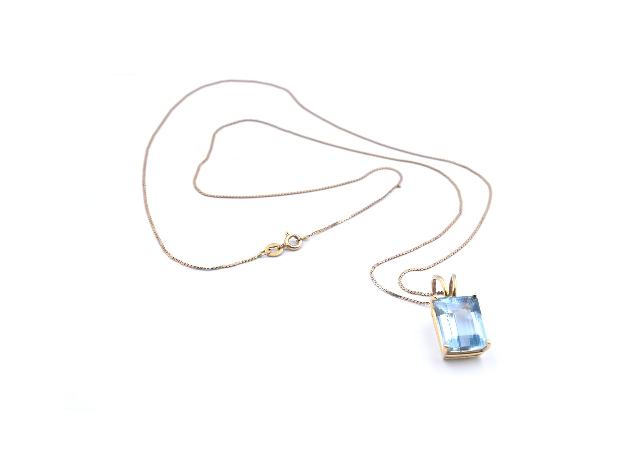 Designer: custom designed
Material: 14k yellow gold
Aquamarine: 1 emerald cut aquamarine = 9.63ct
Dimensions: necklace is 23-inches in length and pendant measures 26mm x 12.40mm
Weight: 6.57 grams
