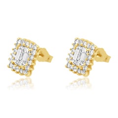 14K Yellow Gold Emerald Cut and Round Diamond Halo Stud Earrings