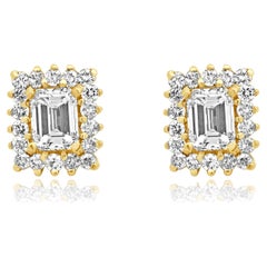 14K Yellow Gold Emerald Cut and Round Diamond Halo Stud Earrings