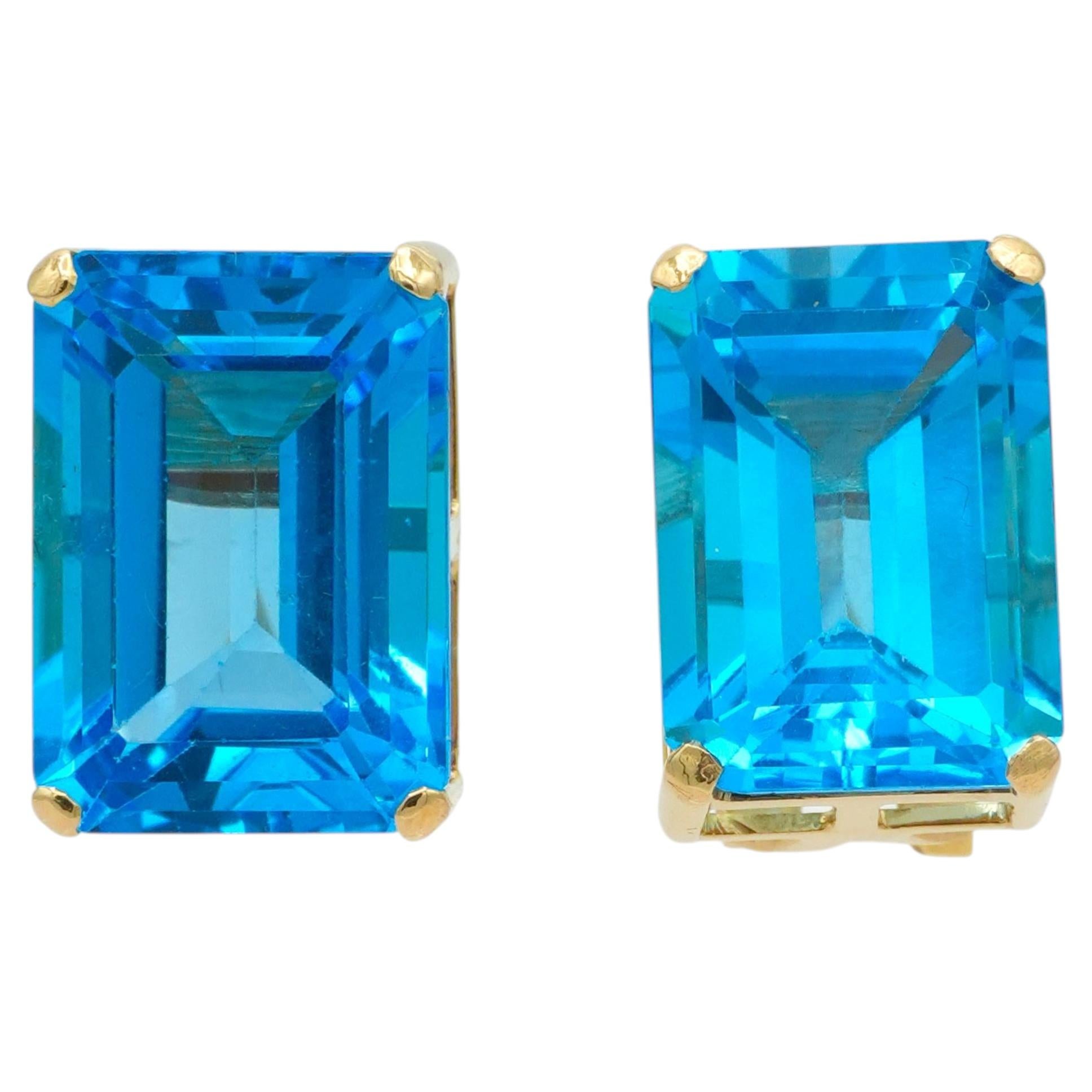 14K Yellow Gold Emerald-Cut Blue Topaz Omega-Back Earrings