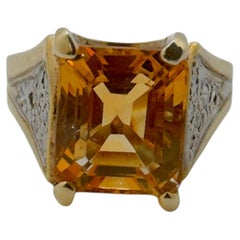 14K Yellow Gold Emerald-Cut Citrine and Diamond Cocktail Ring, 1980