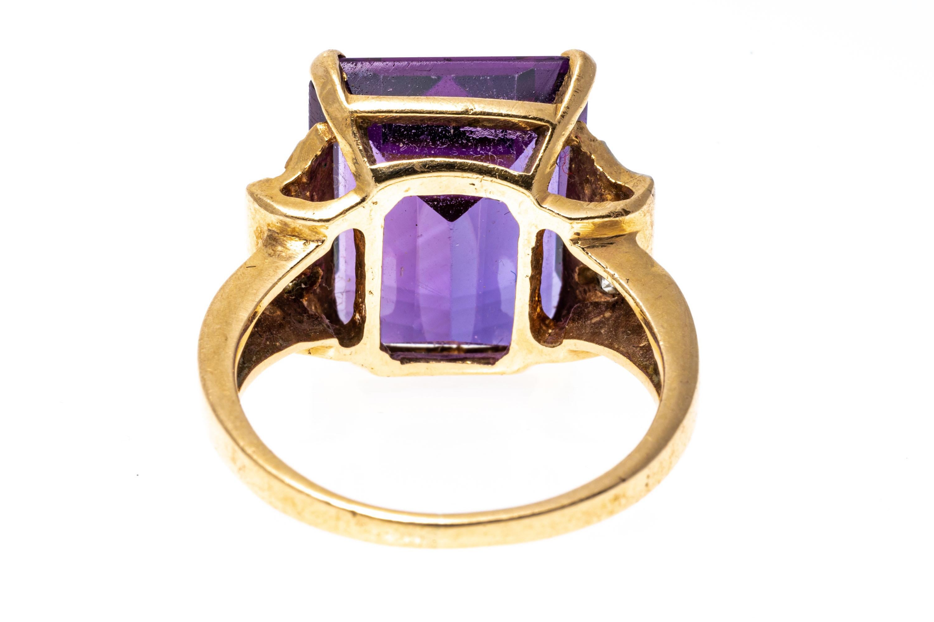 Women's 14k Yellow Gold Emerald Cut Dark Purple Amethyst and Diamond Ring For Sale