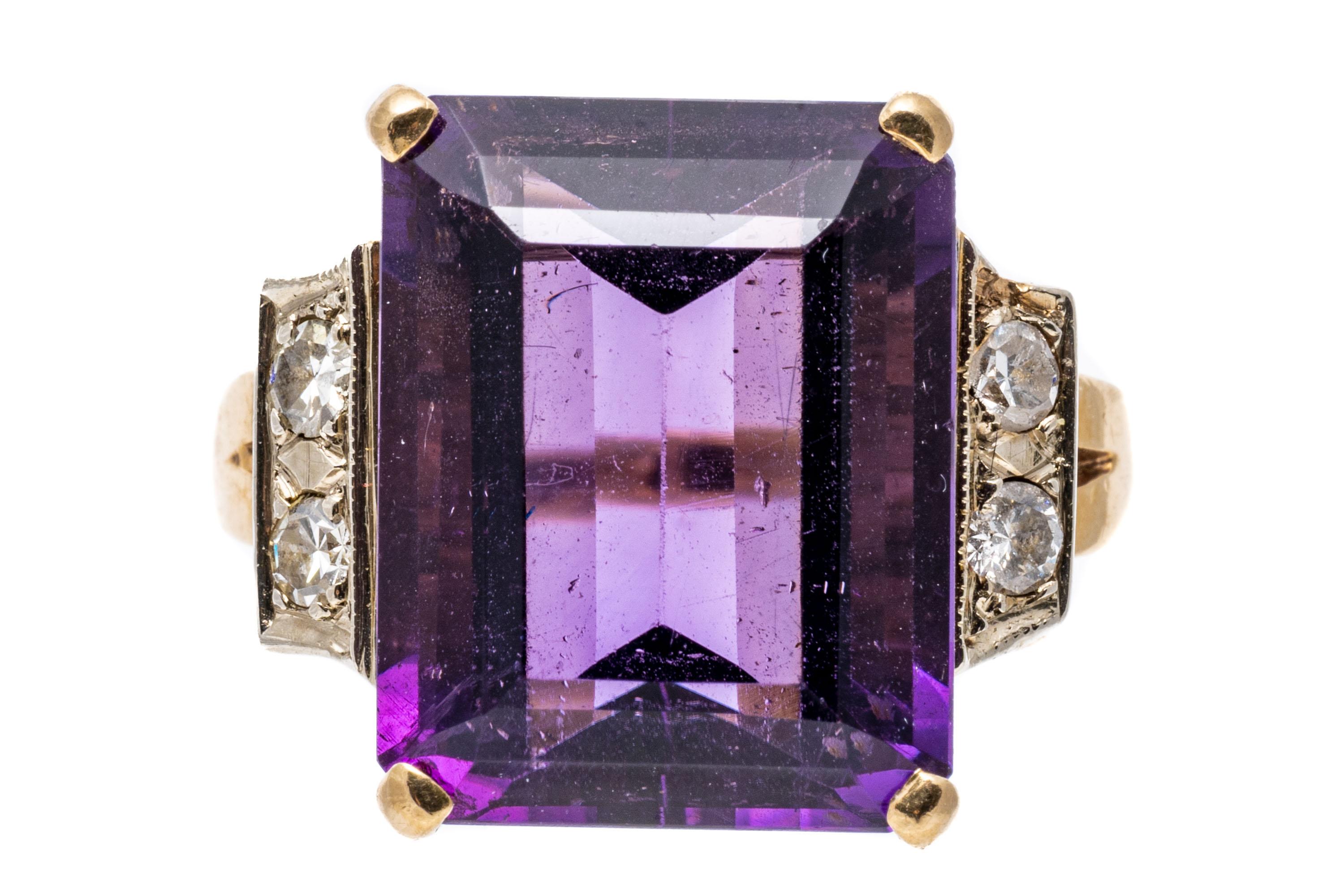 14k Yellow Gold Emerald Cut Dark Purple Amethyst and Diamond Ring For Sale 1