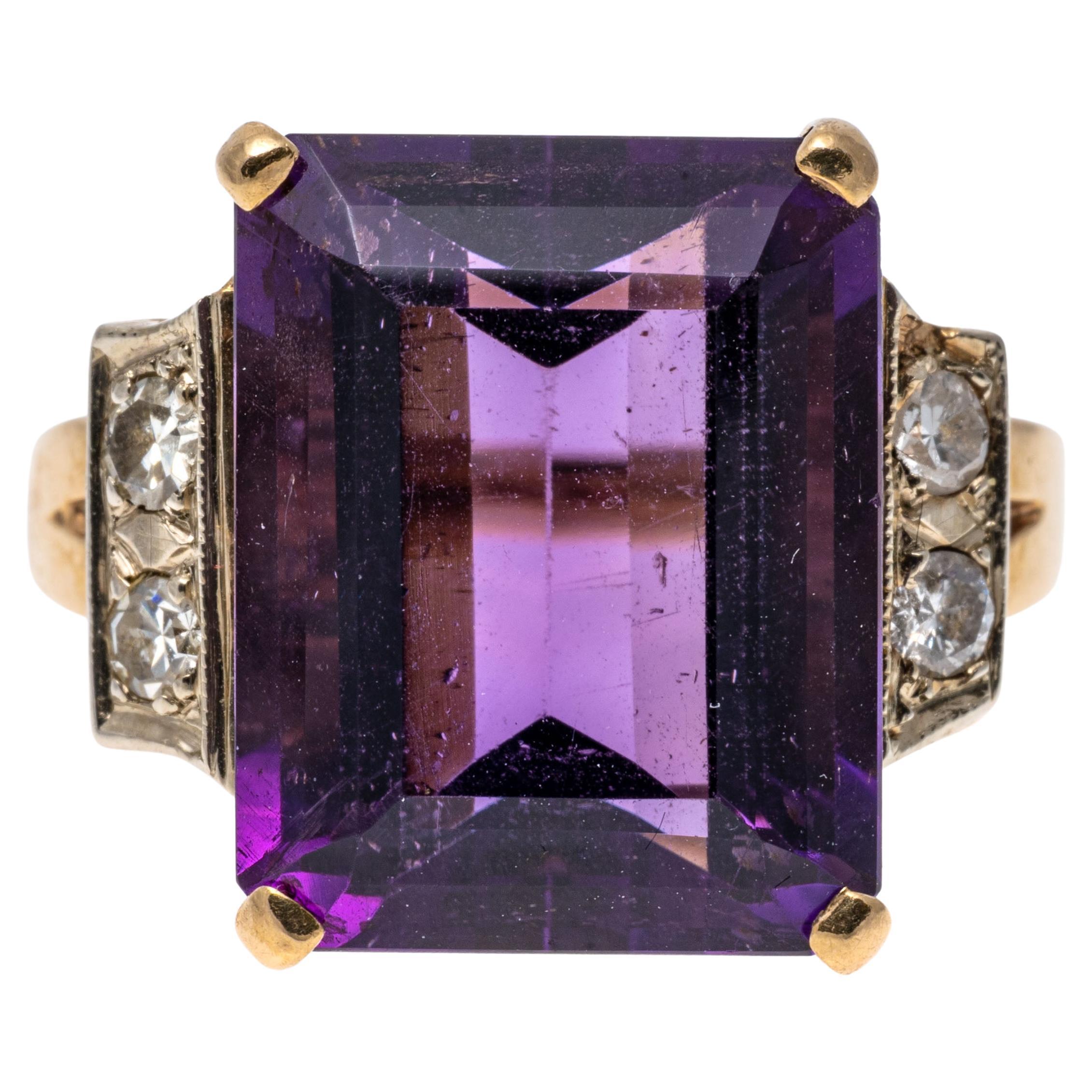 14k Yellow Gold Emerald Cut Dark Purple Amethyst and Diamond Ring For Sale