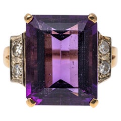 Vintage 14k Yellow Gold Emerald Cut Dark Purple Amethyst and Diamond Ring