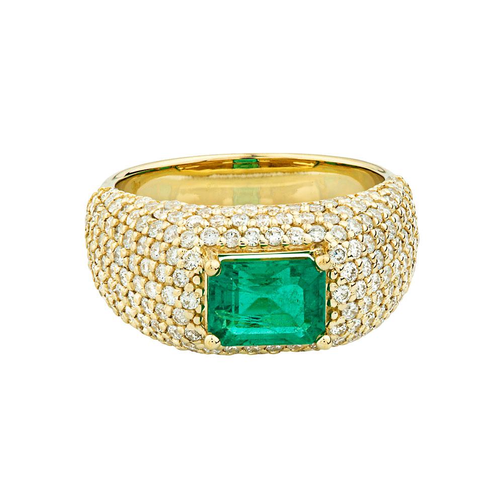 For Sale:  14K Yellow Gold, Emerald Cut Emerald Bomber Ring w/ Diamonds 2