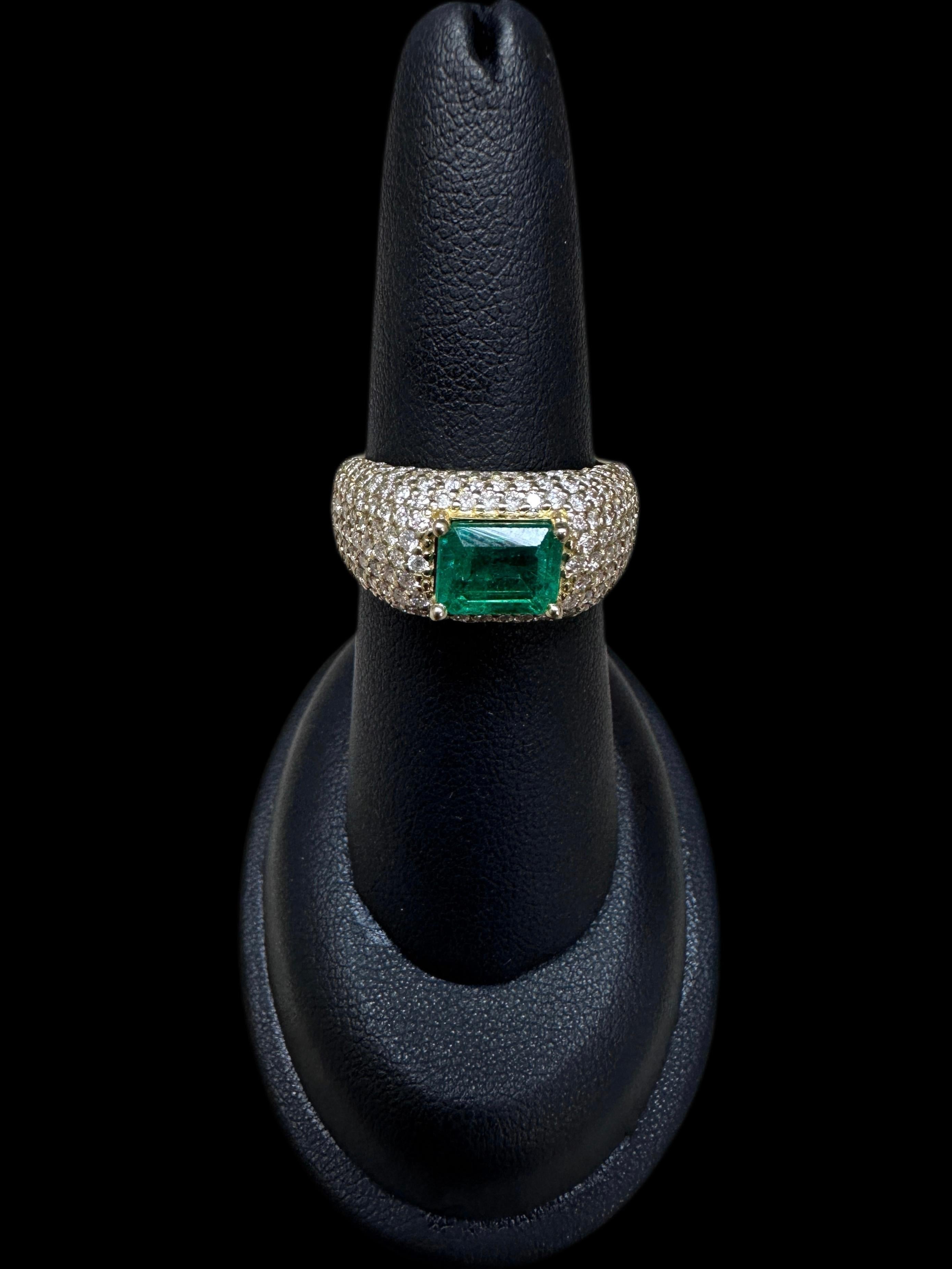 For Sale:  14K Yellow Gold, Emerald Cut Emerald Bomber Ring w/ Diamonds 3