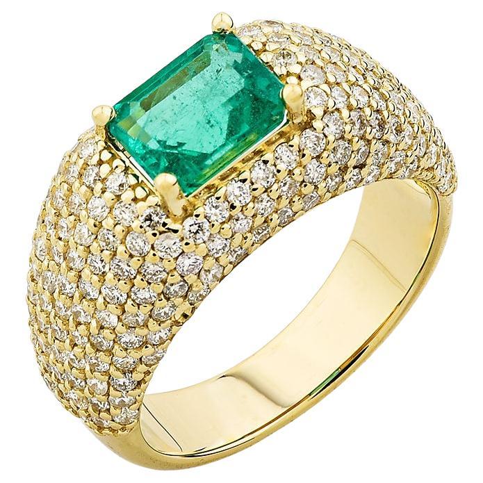 14K Yellow Gold, Emerald Cut Emerald Bomber Ring w/ Diamonds