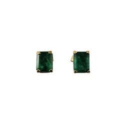 14K Yellow Gold Emerald Cut Emerald Stud Earrings #17176