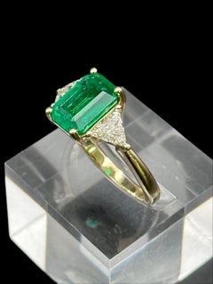 14K Yellow Gold, Emerald Cut Emerald w/ Trillion Diamond Sides Ring