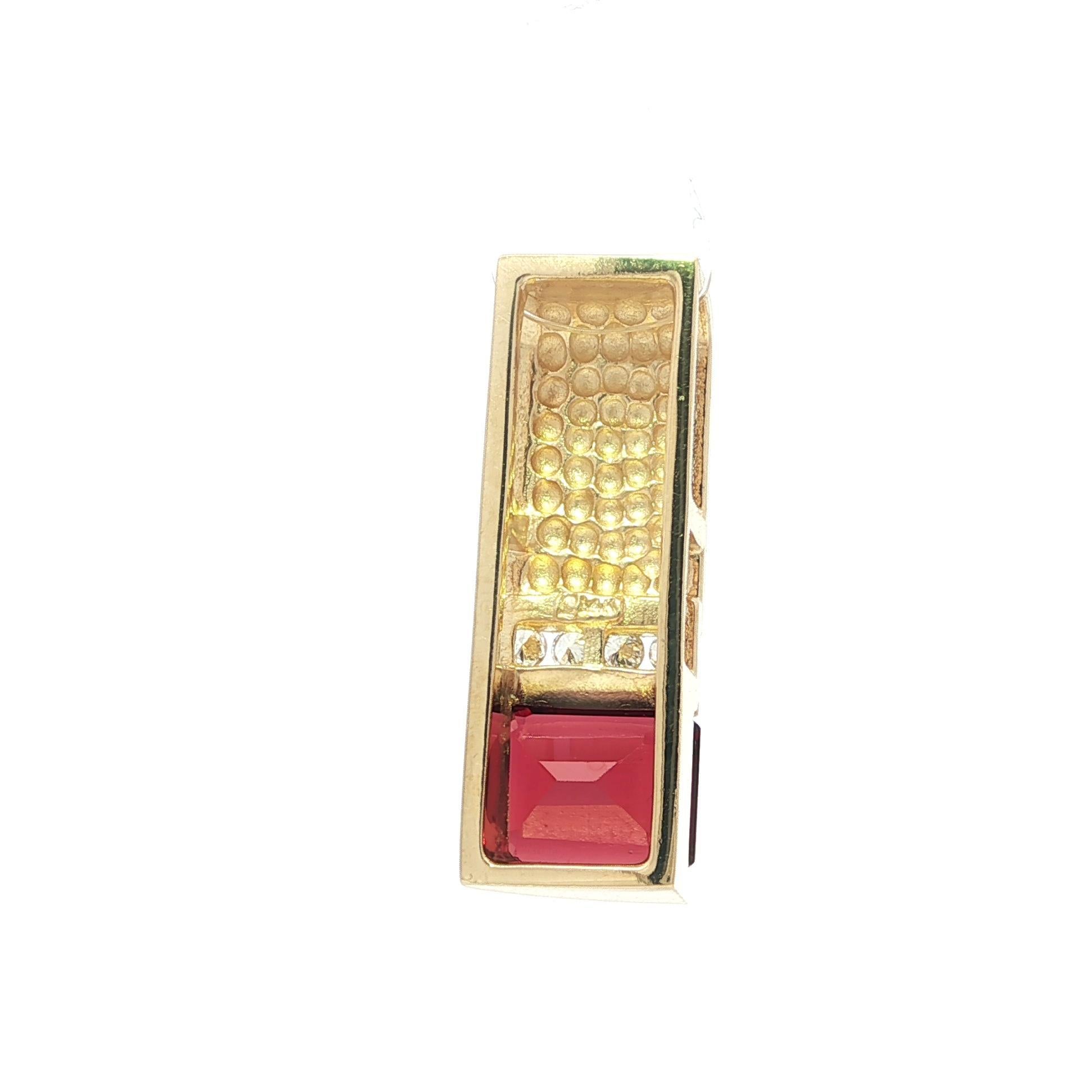 Women's 14k Yellow Gold Emerald Cut Garnet Diamond Geometric Long Slide Pendant For Sale