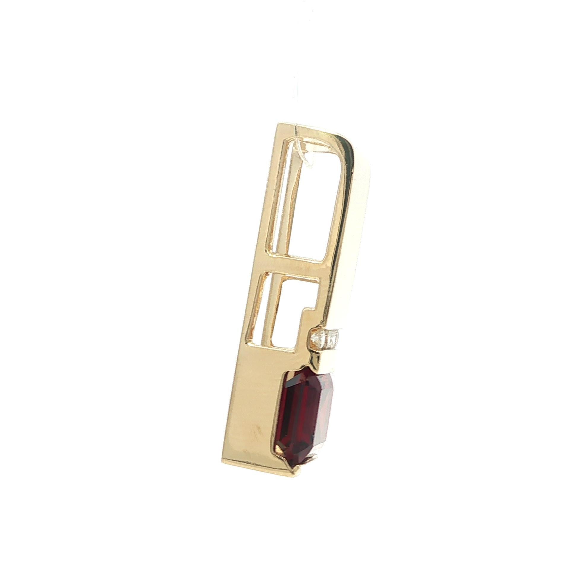 14k Yellow Gold Emerald Cut Garnet Diamond Geometric Long Slide Pendant For Sale 1