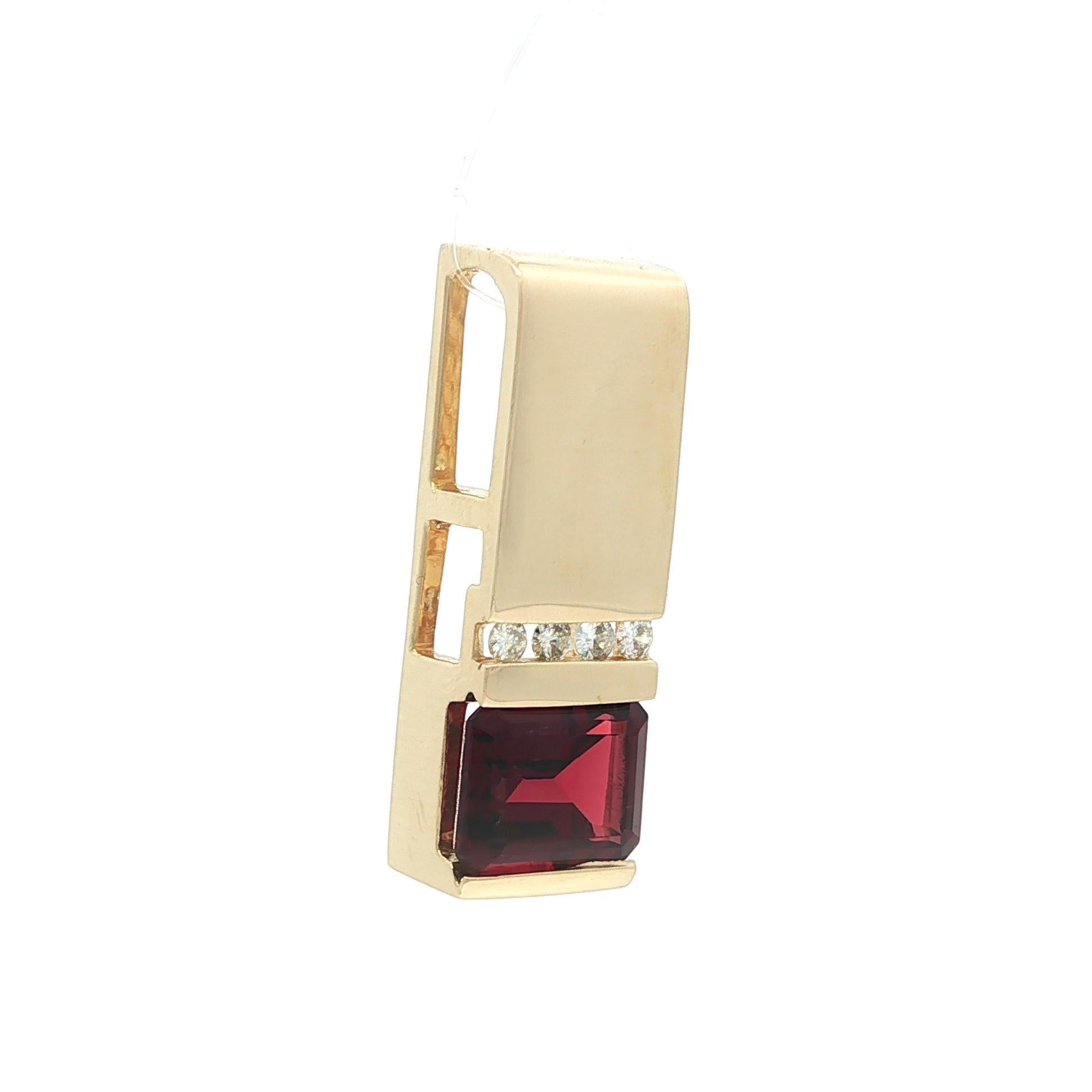 14k Yellow Gold Emerald Cut Garnet Diamond Geometric Long Slide Pendant For Sale 2