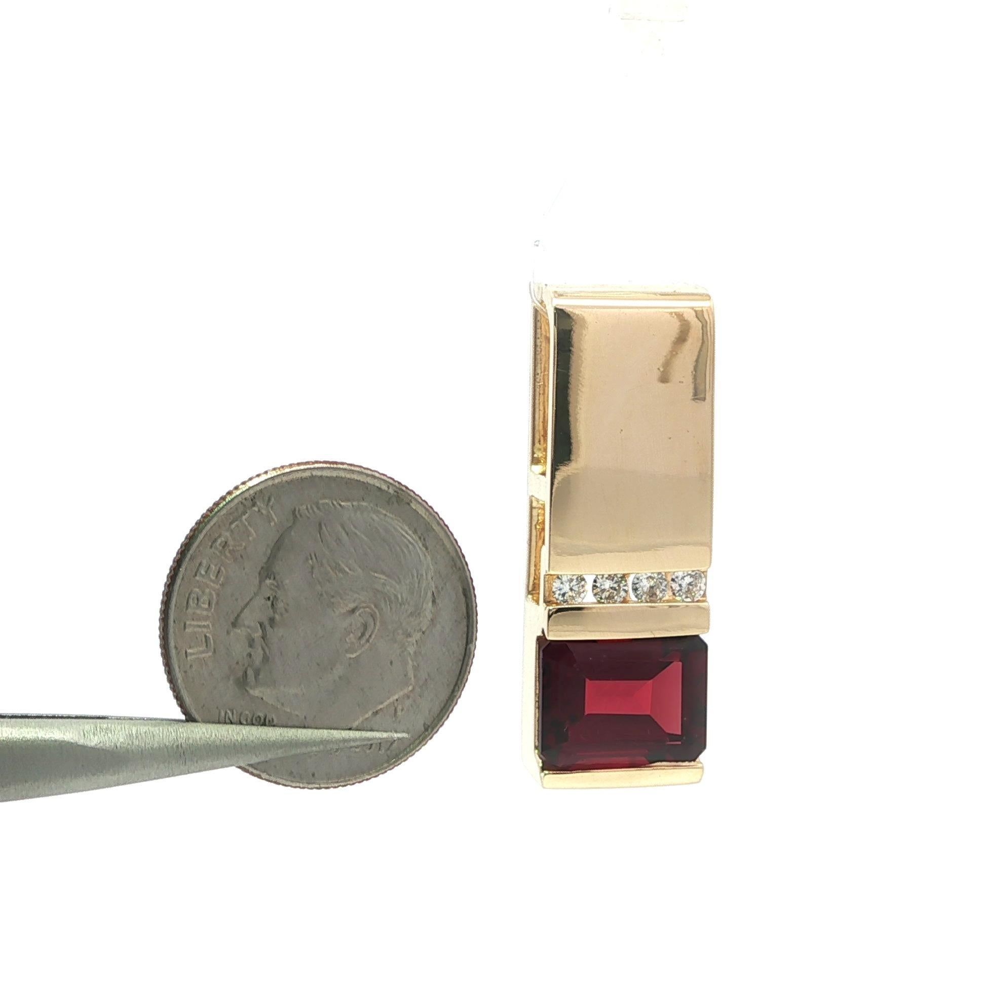14k Yellow Gold Emerald Cut Garnet Diamond Geometric Long Slide Pendant For Sale 3