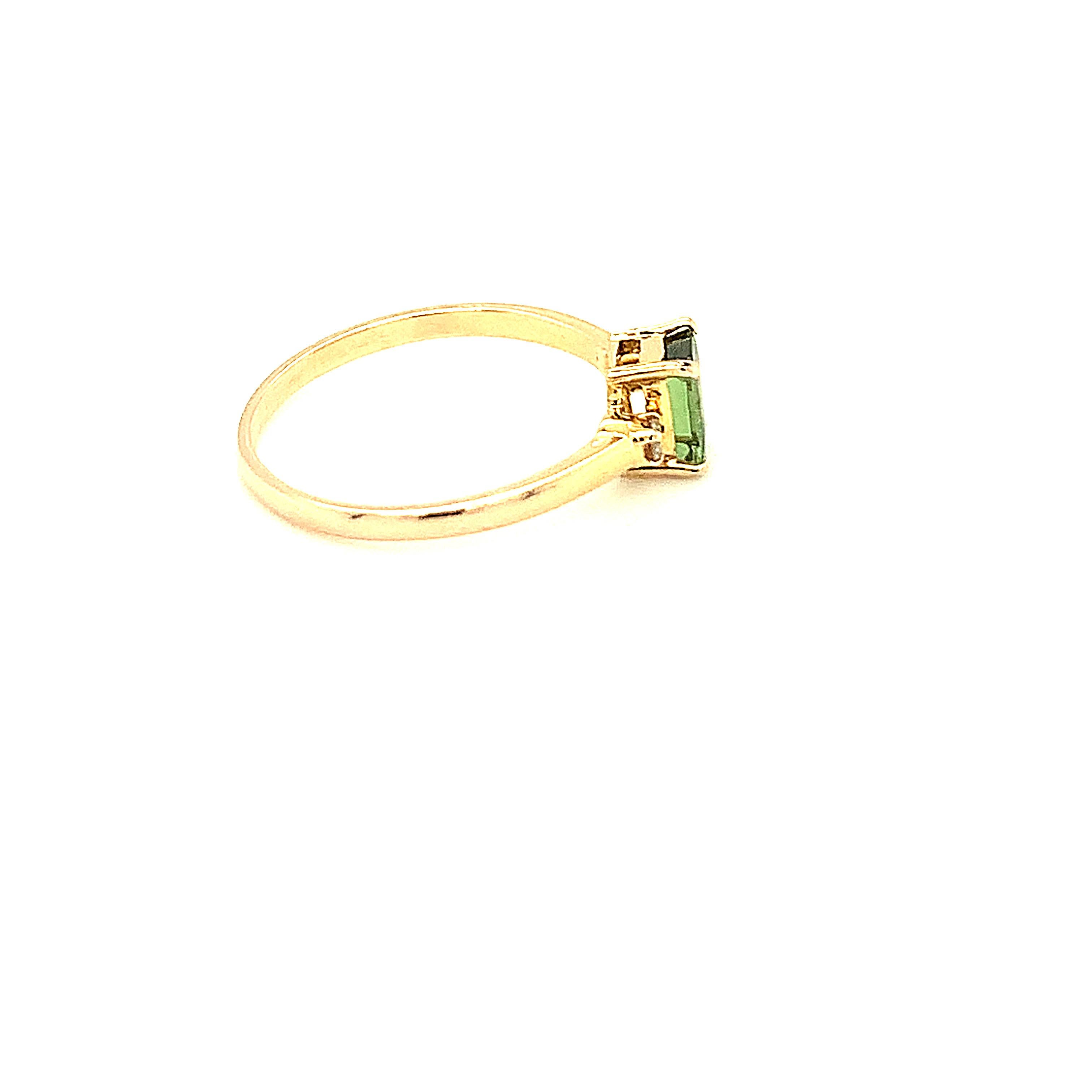 14K Yellow Gold Emerald Cut Green Tourmaline and Diamond Ring For Sale 6